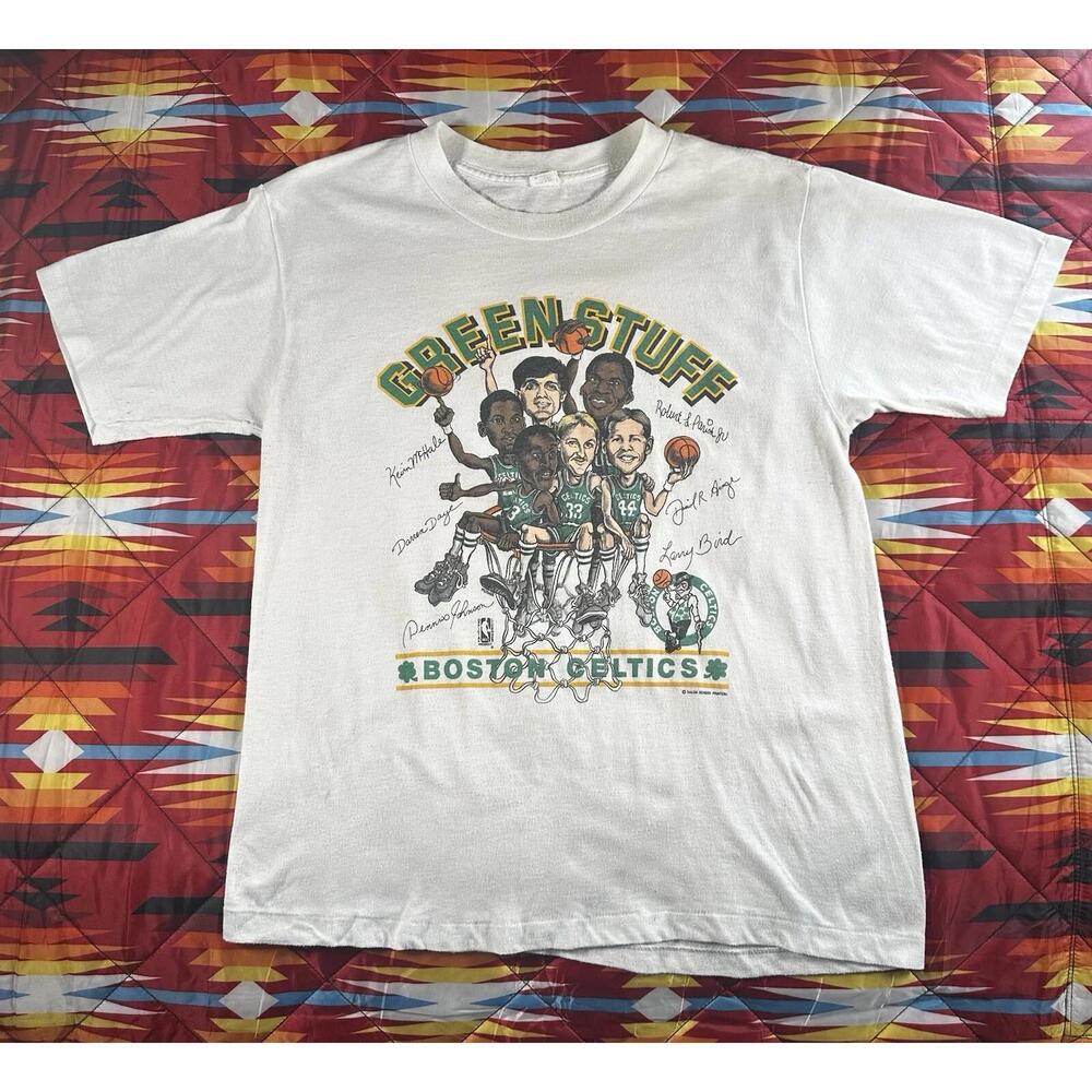 Boston Celtics Shirt Mens L White Green Stuff Single Stitch  80S Usa